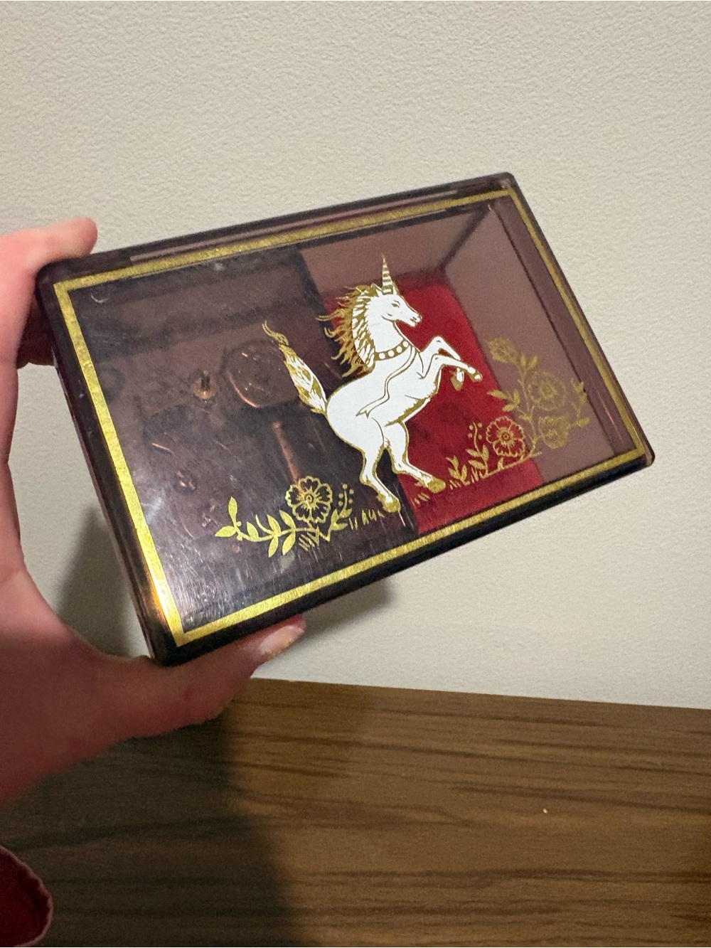Unicorn Trinket Music Box PLASTIC GOLD ACCENTS VINTAGE 1970s 1980s Velvet Lined